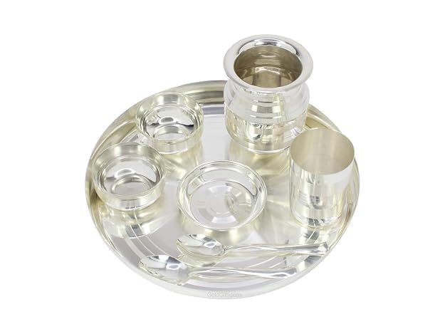 Silver Plated Brass Thali Dinner Set with Katori, Glass & Spoon | Traditional Dining Set, Includes Lota Pot, Polished Finish, Festive Tableware, 7 Piece Set-image-42