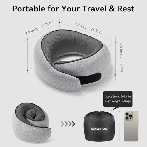 Image of WANDER PLUS Travel Pillow, 100% Pure Memory Foam Travel Neck Pillow Airplane Neck Support Ergonomic Design Best for Sleeping Plane Car Train Office Flight for Adults Grey