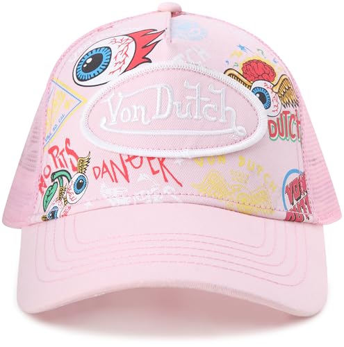 Image of Von Dutch Monogram Trucker Cap - Retro Snapback Cap for Men and Women - Adjustable Snap Fit Panel, Mesh Rear, Curved Bill