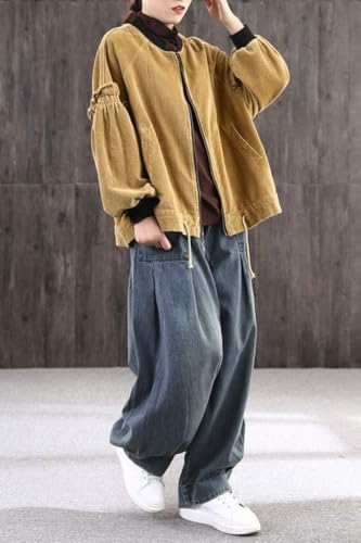 ebossy Women's Denim Harem Pants Elastic Waist Pleated Wide Leg Baggy Jeans