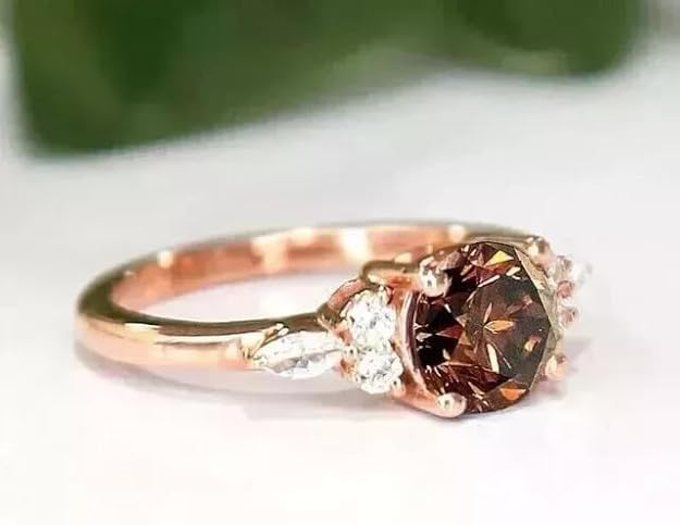 DJCREATION-US 2CT Round-Cut Brown Lab Created Diamond Solitaire Ring, 14K Rose Gold Plated Sterling Silver, Size 4-12
