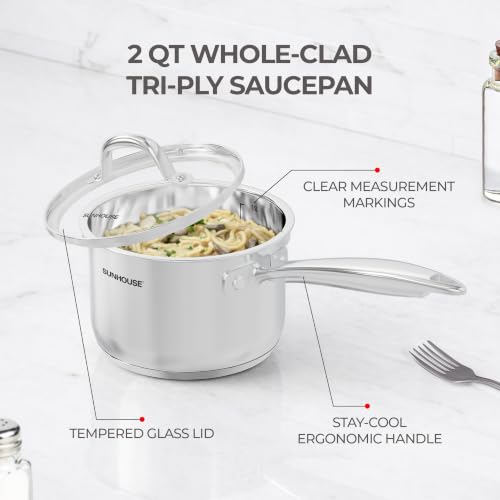 Image of Sunhouse: Stainless Steel Saucepan - Advanced: 2 Quart - Tempered Glass Lid, 18 /10, 3-Ply Bottom, Round-Edge Pot, All Cooktops, Oven-Dishwasher Safe