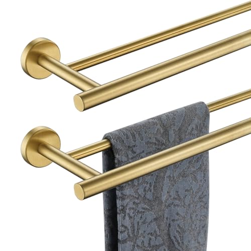 JQK Double Bath Towel Bar, Brushed Gold 33 Inch 304 Stainless Steel Thicken 0.8mm Towel Rack for Bathroom, Towel Holder Wall Mount, Useable Length 30 Inch 2 Pack, TB100L30-BG-P2