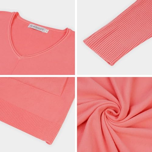 Image of Women's V-Neck Long Sleeve Casual Pullover Tops Loose Fit Lightweight Sweater Pink