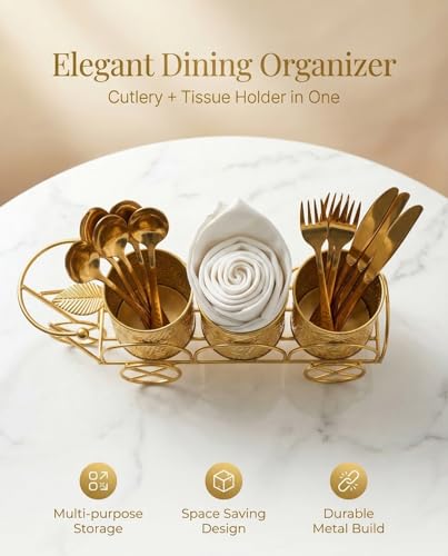 Image of Metal 3-Compartment Cutlery & Tissue Holder | Galvanized Gold Finish Spoon Fork Stand for Dining Table & Kitchen | Multi-Purpose, cutlery set for dining table , Forks, Knives & Napkins,cutlery holder