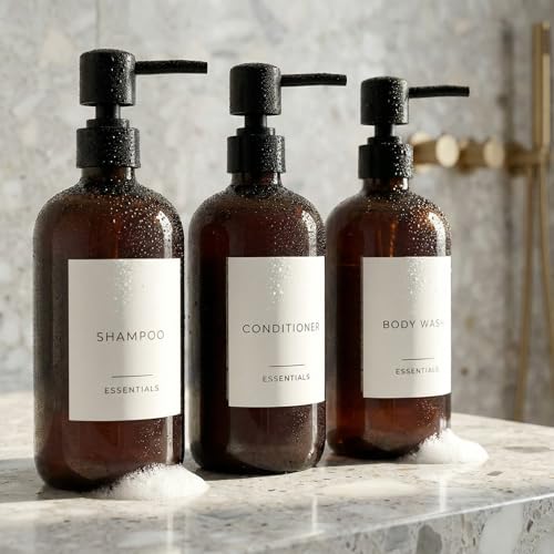 Stylish Shampoo and Conditioner Dispenser Set of 3 - Modern 21oz Shower Soap PET Bottles with Pump and Labels - Easy to Refill Body Wash Dispensers for an Instant Bathroom Decor Upgrade
