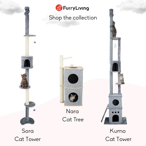 Image of Nara Cat Tower with Scratching Post - Dual-Level Cat House Condo with Felt Hideouts, Sisal Scratch Pole & Hanging Toy - Minimalist Cat Tree for Indoor Cats