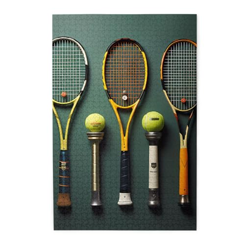 Rompecabezas de fotos de pelotas de tenis y raquetas. Rompecabezas de madera para adultos y niños, decoraciones desafiantes de rompecabezas