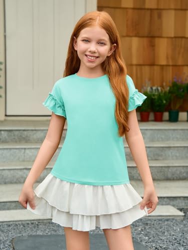 Image of Haloumoning Girls Ruffle Short Sleeve T Shirts Kids Summer Crewneck Tops Cute Tees Blouse 5-14 Years