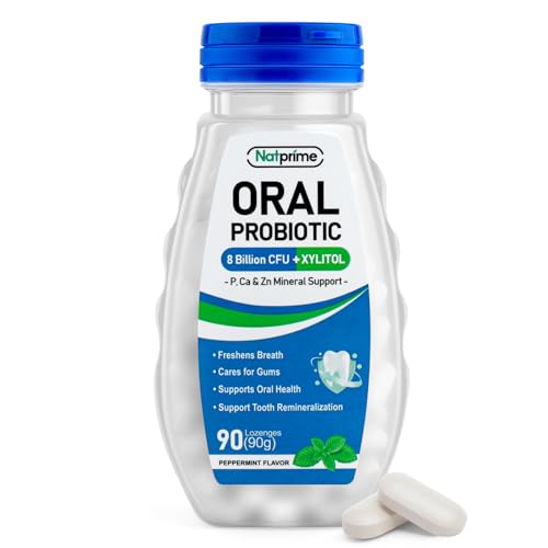 Natprime Oral Health Probiotics for Mouth Bad Breath - 8 Billion CFU 6 Strains with Prebiotics & Ca, Dental Probiotics for Teeth and Gums, Fresh Breath, 90 Mouth Probiotic Lozenges for Adults (Mint)