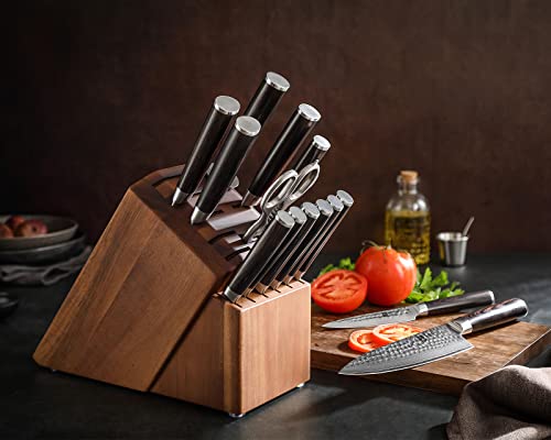 Xinzuo Damascus Steel 15Pcs Kitchen Knife Set With Honing Steel And Kitchen Shears, Professional Chef Knife Set With Acacia Wood Block For Kitchen And 6Pcs Steak Knives -Pakkawood Handle #TOP6