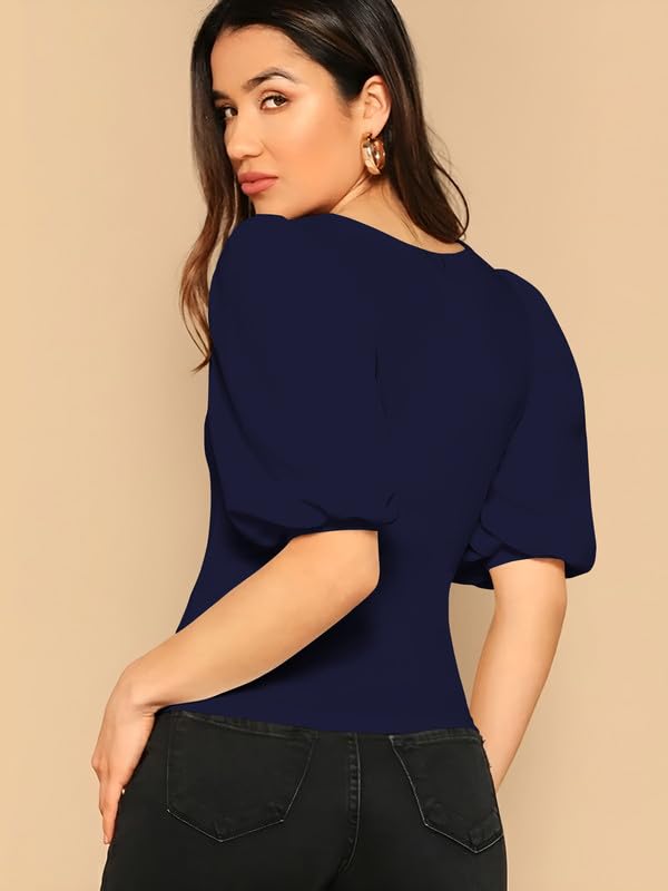 Dream Beauty Fashion Women's Bishop Puff Sleeves Square Neck Slim Top Polyester Blend (BZF-Top-Eva)