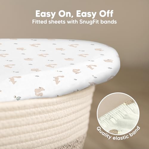 Image of 2-Pack Baby Bassinet Sheets Girl, Boy, 33x17 Bedside Sheets (Nibbles /Bruce) | Viscose Derived from Bamboo, Universal Fitted Bassinet Sheet, Compatible with Halo Bassinest Sleeper, Baby Delight, Graco