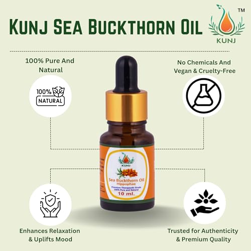 Image of KUNJ Sea Buckthorn Oil (Hippophae rhamnoides) 10ML - 100% Pure & Natural Undiluted Therapeutic Grade, Cold Pressed, For Glowing Skin, Acne Prevention & Pigmentation Care