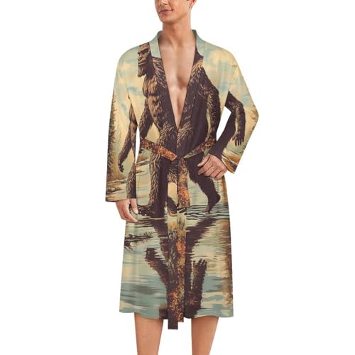 Bigfoot Sasquatch Walking Mens Robe Lightweight Bathrobe Long Sleeve Knee Length Loungewear