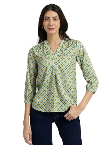 Image of FableStreet Women Formal & Casual Top | V-Neckline with Gathered Back Detail & Three-Quarter Sleeves | Premium Satin Fabric for Office Wear & Sophisticated Outings