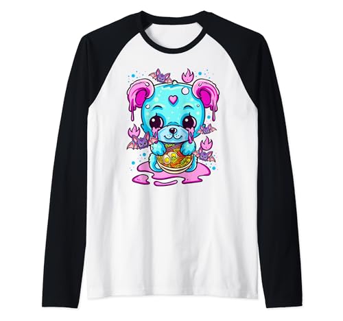 Cute Kawaii Creepy Pastel Goth Puppy Eating Ramen Noodles Maglia con Maniche Raglan