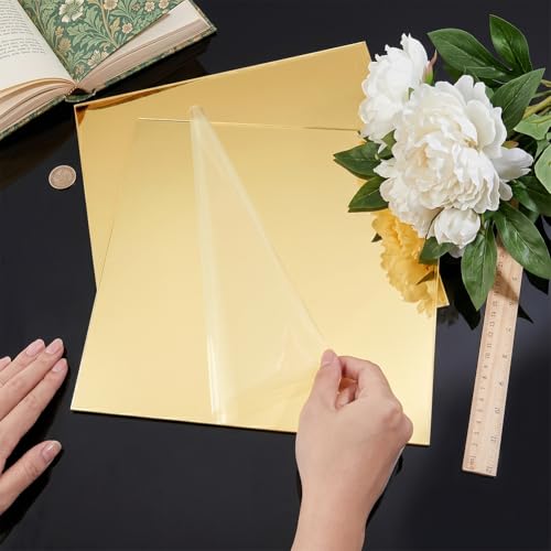 Image of BENECREAT 2Pcs 12x12 Inch Acrylic Mirror Sheets, 1 /8 Inch(3mm) Square Flexible Mirror Sheets with Film Attached for Engraving Wall Decor DIY Crafts, Gold
