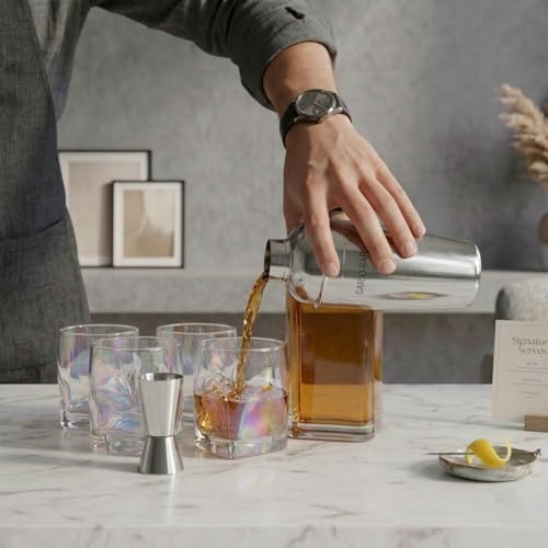Image of Car-O-Bar Silver Bar Set with Glasses Gift Set | 7 Pieces Bartender Kit:Cocktail Shaker, Jigger,Ice Tong, Set of 4 Whiskey Glasses