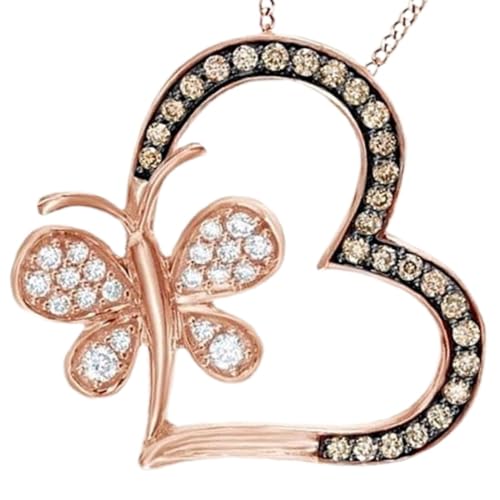 Collier pendentif en cristal marron et blanc avec motif cœur et papillon pour femme