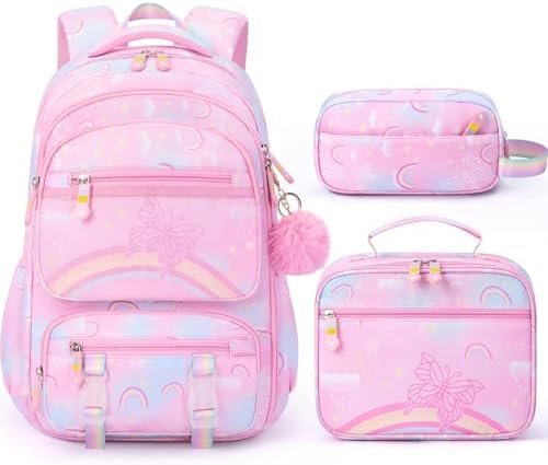 Fimibuke Kids Backpack for Girls, 3PCS Rainbow & Butterflies Teen Girls Backpack with Lunch Box & Pencil Case, Cute Pink Bookbag School Bag for Kindergarten Elementary Middle School Student Ages 5+