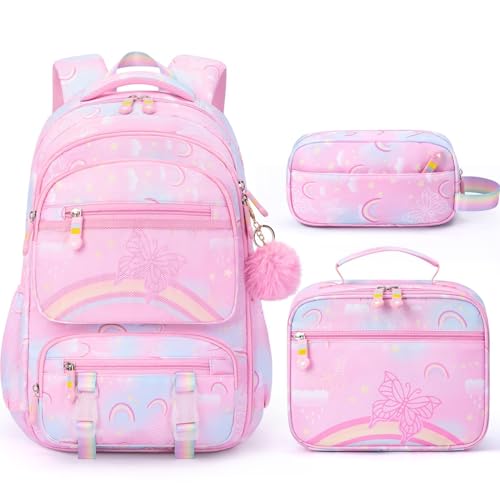 Fimibuke Kids Backpack for Girls, 3PCS Rainbow & Butterflies Teen Girls Backpack with Lunch Box & Pencil Case, Cute Pink Bookbag School Bag for Kindergarten Elementary Middle School Student Ages 5+