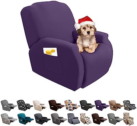 FIGOOO Recliner Sofa Slipcover 4-Piece Stretch Recliner Chair Covers Non Slip Velvet Recliner Cover with Pockets Reclining Couch Covers Furniture Protector for Dogs Cats(Purple,1 Seater)