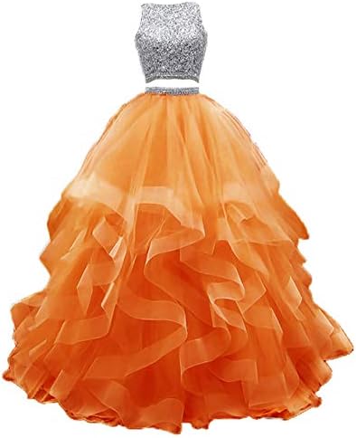 KaBuNi 2 Piece Prom Dress Long Beaded Quinceanera Dress Layered Ruffle Tulle Sweet 16 Dress Ball Gown Orange16