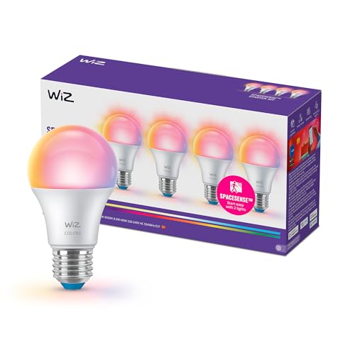 WiZ Smart LED A60 Bulb, Full Color and Tunable White, E27 Base, 60W Equivalent, 2200-6500K, 806 Lumens, Dimmable, Works with Alexa, Google Assistant, and Apple Home, 4 Pack