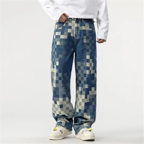 Men Checkerboard Printed Jeans Straight Tube Loose Wide Leg American Personality Long Pants3