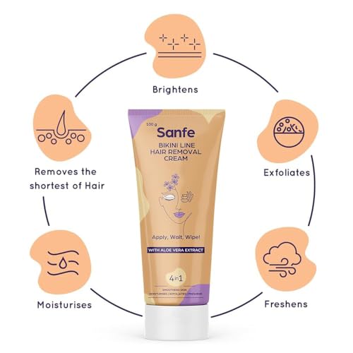 Image of Sanfe Hair Removal Gel- 100ml with Aloe Vera & Coconut Extracts (Hair removal Cream 100 gm) | Painless Hair Removal Cream for Bikini Area, Underarms & Body | Smooth Skin in 5-10 Minutes | Includes Applicator | 100g