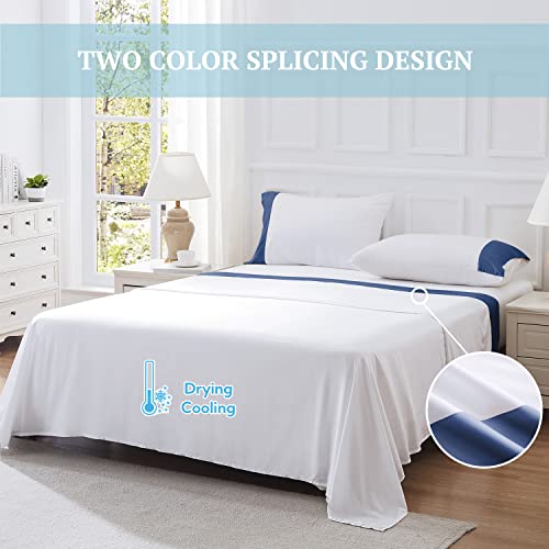 Mildly Cooling Sheets Set - 100% Pure Rayon Made From Bamboo, Up To 16" Deep Pockets Bed Sheets, 4 Piece Breathable Luxury Silky Soft Hotel Bedding Sheet & Pillowcase Sets (King, White & Navy Blue) #TOP6