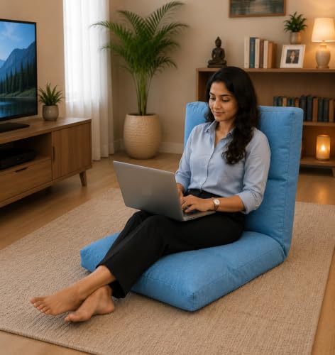 Image of Kawachi Reclining Meditation Floor Chair | Adjustable 5-Position Backrest | Foldable Seating for Yoga, Study, Relaxation & Home Use | Lightweight & Comfortable Design (Sky Blue)