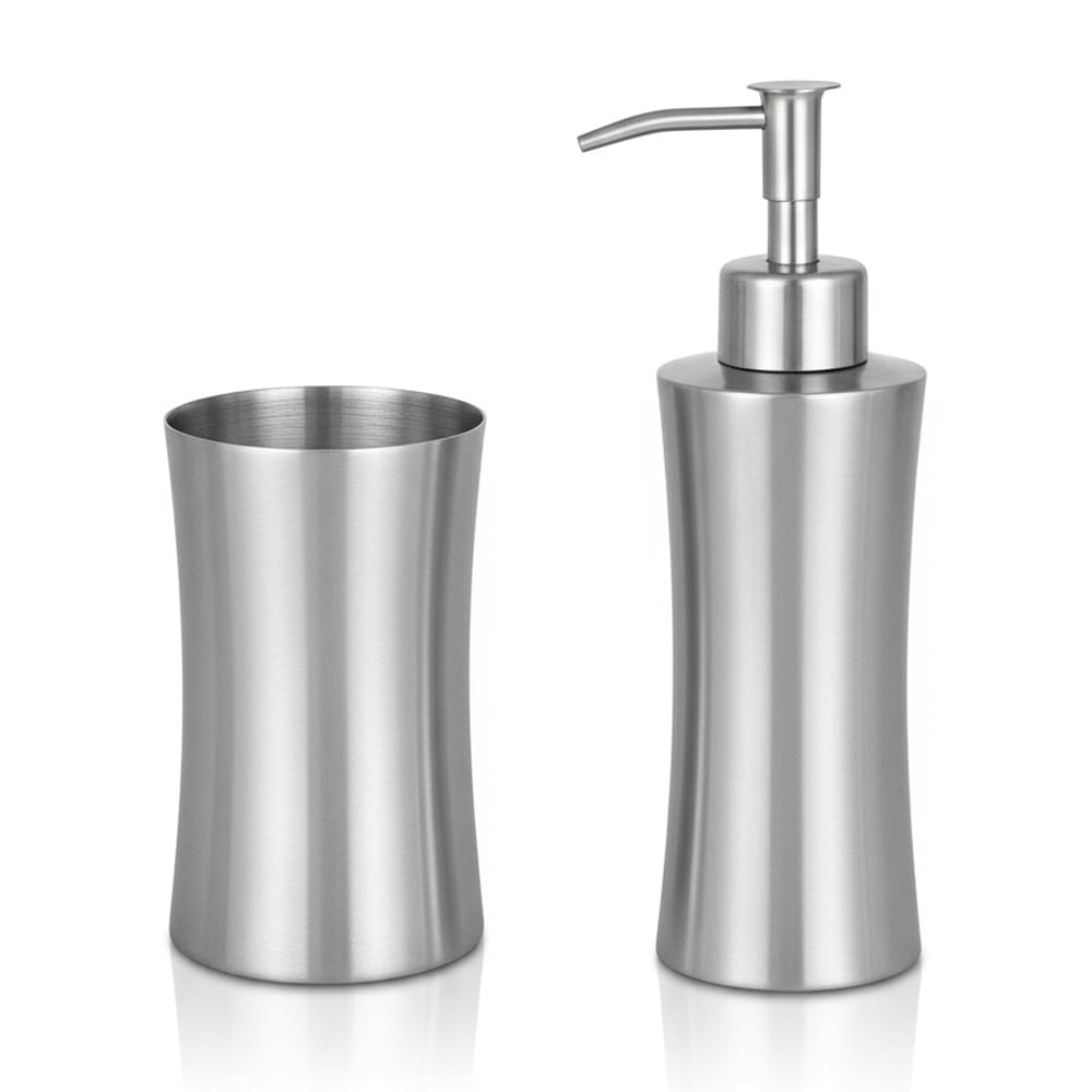 Set Accessori Bagno 2 Pezzi In Acciaio Inox Satinato – Dispenser Sapone Liquido 280 Ml E Bicchiere Porta Spazzolino – Linea Lunar