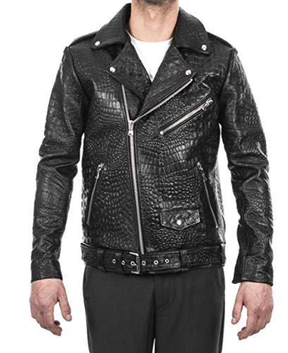 Men's Biker Rider Rocker Motorcycle motorbike Cafe Racer Embossed Alligator Crocodile Black Cowhide Genuine Leather Jacket (XL-LARGE, Black)