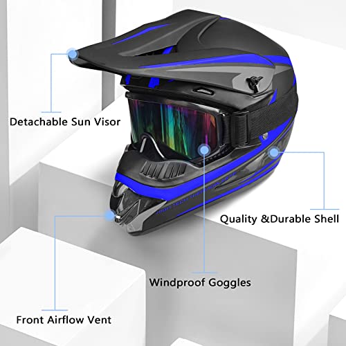 Youth Adult Anti-Collision Dirt Bike Helmet Full Face Motorcycle Atv Dot Approved Bmx Downhill Off-Road Mountain Bike Helmet With Suv Goggles Gloves Face Shield (Blue, Medium) #TOP2