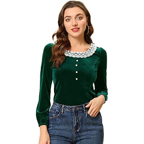 Allegra K Women's Contrast Color Long Sleeve Slim Fit Velvet Top Green 16 Cover