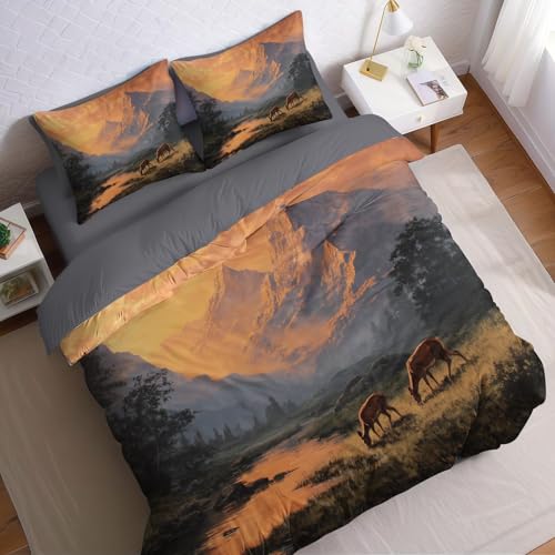 Couleur Orange Housse de Couette 200x200 cm Montagnes et Cerfs Sauvages Parure de Lit 2 Personnes en Microfibre avec 2 Taies d’Oreiller 65x65 cm, Linge de...