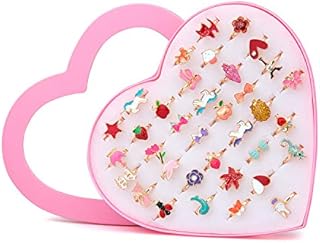 Vordas Welecoco Girls Rings for Kids, 36 Pieces Adjustable Rings Set with Heart Shape Box, Little Girls Adjustable Rings for Kids Children Birthday Party Supplies
