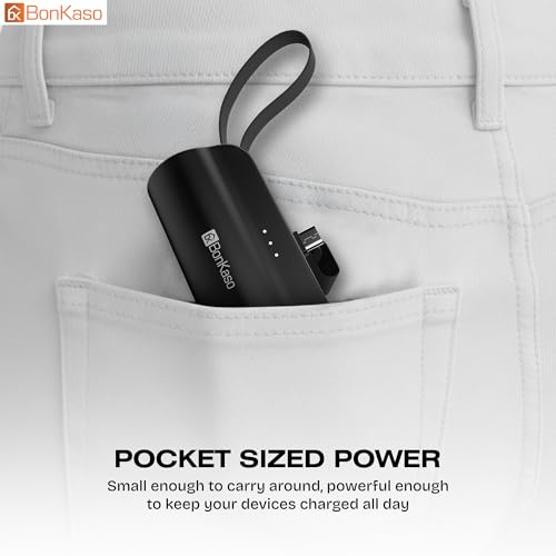 Image of BonKaso 5000mAh Mini Power Bank 15W PD Fast Charging, Built-in Type-C & i5 Cable, USB-C Input /Output, LED Indicator, Portable Charger with Mobile Stand for iPhone, Android - Black