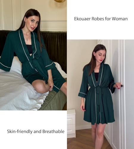 Image of Ekouaer Women Kimono Robes Knee Length Knit Bathrobe Lightweight Soft Sleepwear V-neck Casual Ladies Loungewear