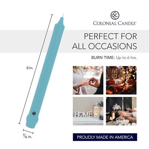 Image of Colonial Candle Unscented Taper Candle, Classic Collection, Coastal Blue, 8 in, Pack of 12 - Up to 6 Hours Burn