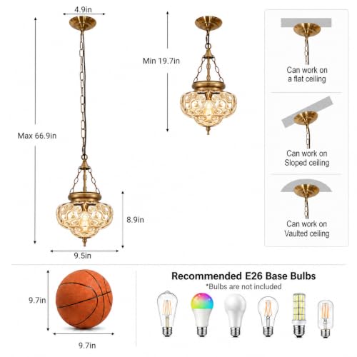 Vintage Brushed Antique Brass Pendant Light for Kitchen Island, Handblown Textured Amber Hammered Glass Hanging Light Fixture, Adjustable Height E26 Pendant Lighting for Dining Room Entryway Hallway by OIYIO - Used condition - Image 7