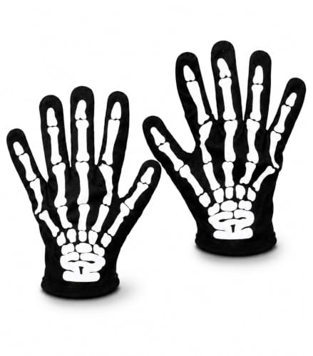 Kangaroo Skeleton Gloves - Skull Hands Gloves for Kids - Bone Reaper Ghost Halloween Apparel Accessories - White Printed Black Skeleton Gloves