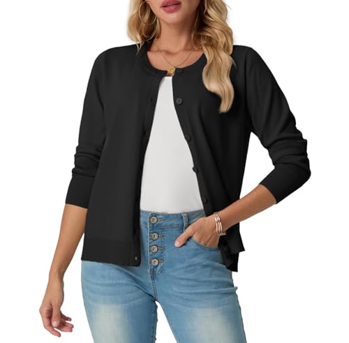 GRECERELLE Womens Summer Soft Cardigans Knit Lightweight Long Sleeve Ladies Black Cardigan Solid Crew Neck Jumper Casual Button Down Sweaters for Women UK,Summer Nights and Dating (Black, L) GRECERELLE Womens Summer Soft Cardigans Knit Lightweight Long Sleeve Ladies Black Cardigan Solid Crew Neck Jumper Casual Button Down Sweaters for Women UK,Summer Nights and Dating (Black, L)