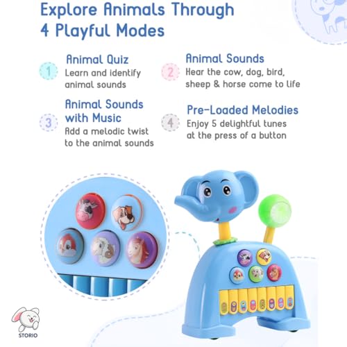 Image of Storio Musical Light & Sound Elephant Piano with 5 Modes of Animal Sound (Colour May Vary)| Soothing Melodies| Interactive Modes| Spinning Wheel| Ideal Gifting Option