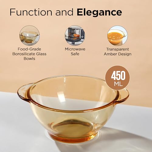 Image of The Better Home Set of 4 Borosilicate Glass Bowls | 450 ml Each | Microwave Safe | Scratch Resistant | Serving & Mixing Bowls for Kitchen | Round | Transparent | Amber