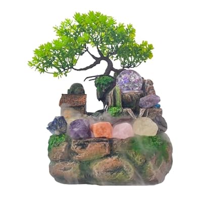 Indoor Tabletop Fountain – LED Light, Mist, and Waterfall Feature – Zen Home Decor Water Display +10 Free Crystals Included