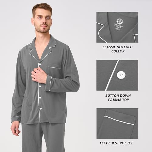 Image of BAMBOO COOL Mens Pajama Set Bamboo Viscose Cotton Soft Lightweight Loungewear Sleepwear Long Sleeve and Pants with Pockets