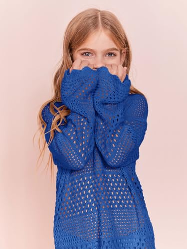 Image of Batermoon Girls Crochet Long Sleeve Swimsuit Cover Up Kids Fashion Hollow Out Swimwear Beach Dress 5-14 Years